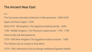 The Ancient Near East
A.c
The Sumerians develop civilization in Mesopotamia - 3200-2350
Upper and lower Egypt - 3100
2666-2181- Old kingdom; The Egyptians build pyramids. 2040-
1786 - Middle Kingdom, The Pharaohs regain power 1792 - 1750
Hammurabi rule Mesopotamia
1570- 1090 New Kingdom The Egyptians build an empire. 1450 -
The Hittites rule an empire in Asia Minor
1379- 1360- Akhenaton tries to change traditional Egyptian beliefs.
 