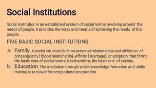 Social Institutions
a.
b.
Social Institution is an established system of social norms revolving around the
needs of people, it provides the ways and means of achieving the needs of the
people.
FIVE BASIC SOCIAL INSTITUTIONS
Family. A social structure built on personal relationships and aﬃliation of
consanguinity [ blood relationship]. Aﬃnity [ marriage], or adoption that forms
the basic core of social norms, it is therefore, the basic unit of society.
Education. The institution through which knowledge formation and skills
training is received for occupational preparation.
 