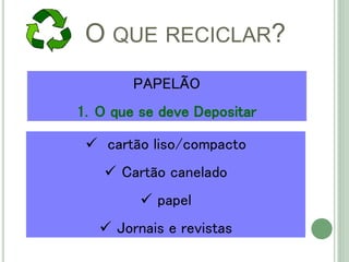 O QUE RECICLAR?
 cartão liso/compacto
 Cartão canelado
 papel
 Jornais e revistas
PAPELÃO
1. O que se deve Depositar
 