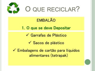 O QUE RECICLAR?
 Garrafas de Plástico
 Sacos de plástico
 Embalagens de cartão para líquidos
alimentares (tetrapak)
EMBALÃO
1. O que se deve Depositar
 