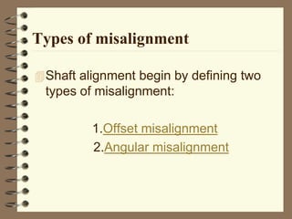 Types of misalignment
Shaft alignment begin by defining two
types of misalignment:
1.Offset misalignment
2.Angular misalignment
 