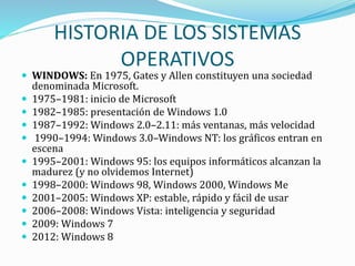 HISTORIA DE LOS SISTEMAS
OPERATIVOS
 WINDOWS: En 1975, Gates y Allen constituyen una sociedad
denominada Microsoft.
 1975–1981: inicio de Microsoft
 1982–1985: presentación de Windows 1.0
 1987–1992: Windows 2.0–2.11: más ventanas, más velocidad
 1990–1994: Windows 3.0–Windows NT: los gráficos entran en
escena
 1995–2001: Windows 95: los equipos informáticos alcanzan la
madurez (y no olvidemos Internet)
 1998–2000: Windows 98, Windows 2000, Windows Me
 2001–2005: Windows XP: estable, rápido y fácil de usar
 2006–2008: Windows Vista: inteligencia y seguridad
 2009: Windows 7
 2012: Windows 8
 