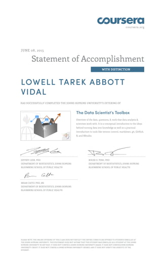 coursera.org
Statement of Accomplishment
WITH DISTINCTION
JUNE 08, 2015
LOWELL TAREK ABBOTT
VIDAL
HAS SUCCESSFULLY COMPLETED THE JOHNS HOPKINS UNIVERSITY'S OFFERING OF
The Data Scientist’s Toolbox
Overview of the data, questions, & tools that data analysts &
scientists work with. It is a conceptual introduction to the ideas
behind turning data into knowledge as well as a practical
introduction to tools like version control, markdown, git, GitHub,
R, and RStudio.
JEFFREY LEEK, PHD
DEPARTMENT OF BIOSTATISTICS, JOHNS HOPKINS
BLOOMBERG SCHOOL OF PUBLIC HEALTH
ROGER D. PENG, PHD
DEPARTMENT OF BIOSTATISTICS, JOHNS HOPKINS
BLOOMBERG SCHOOL OF PUBLIC HEALTH
BRIAN CAFFO, PHD, MS
DEPARTMENT OF BIOSTATISTICS, JOHNS HOPKINS
BLOOMBERG SCHOOL OF PUBLIC HEALTH
PLEASE NOTE: THE ONLINE OFFERING OF THIS CLASS DOES NOT REFLECT THE ENTIRE CURRICULUM OFFERED TO STUDENTS ENROLLED AT
THE JOHNS HOPKINS UNIVERSITY. THIS STATEMENT DOES NOT AFFIRM THAT THIS STUDENT WAS ENROLLED AS A STUDENT AT THE JOHNS
HOPKINS UNIVERSITY IN ANY WAY. IT DOES NOT CONFER A JOHNS HOPKINS UNIVERSITY GRADE; IT DOES NOT CONFER JOHNS HOPKINS
UNIVERSITY CREDIT; IT DOES NOT CONFER A JOHNS HOPKINS UNIVERSITY DEGREE; AND IT DOES NOT VERIFY THE IDENTITY OF THE
STUDENT.
 