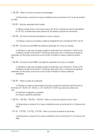 Global Training. 45
1 34 30 - Falha no circuito do sensor de embreagem
1.0 Desconecte o conecor IV e meça a resistência entre os terminais 14 e 15, de ser próximo
de 70W.
1 43 41 - Sinal de velocidade não é válido
1.0 Meça a tensão entre os terminais massa ( X2 18/2) e entrada de sinal de velocidade (
X1 18/10 ). A tensão deve estar próxima de 3V estando o veículo em movimento.
1 43 45 - Circuito do sinal de velocidade em curto ou aberto.
1.0 Cheque o cabo que vai desde a saída do tacógrafo B7 até a entrada do FR X1 18/10.
1 44 40 - Circuito do sinal PWM I do pedal do acelerador em curto ou rompido.
1.0 Verifique o cabo que vai desde o pedal do acelerador até a entrada X1 18/03 no FR.
2.0 Meça a tensão no terminal X1 18/03 que deve variar com o movimento do pedal do
acelerador, se não variar, procure por curto circuito na fiação ou troque o pedal do acelera
dor.
1 45 40 - Circuito do sinal PWM II do pedal do acelerador em curto ou rompido.
1.0 Verifique o cabo que vai desde o pedal do acelerador até a entrada X1 18/06 no FR.
2.0 Meça a tensão no terminal X1 18/06 que deve variar com o movimento do pedal do
acelerador, se não variar, procure por curto circuito na fiação ou troque o pedal do
acelerador.
1 46 41 - Falha no pedal do acelerador.
1.0 Verifque a tensão de alimentação fornecida ao pedal do acelerador pelo FR entre os
terminais ( X1 18/05 e X1 18/02 ) e ( X1 18/04 e X1 18/07 ) que deve ser próximo de
24V.
2.0 Verifique as ligações e conexões.
3.0 Troque o pedal do acelerador.
1 50 51, 1 50 52, 1 50 53, 1 50 54 - Falha no circuito da válvula do freio motor.
1.0 Desconecte o conector X3 e meça a resistência entre os terminais 04 e 10, deve ser de
60W,
1 51 51, 1 51 52, 1 51 53, 1 51 54 - Falha no circuito da válvula do top brake.
1.0 Desconecte o conector X3 e meça a resistência entre os terminais 07 e 10, deve ser de
40W.
 