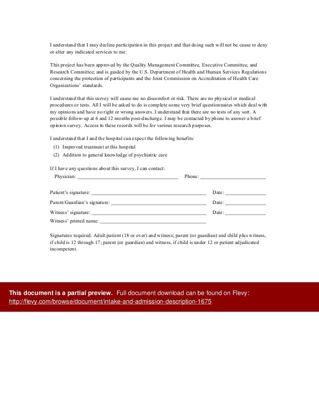 Intake and Admission Description