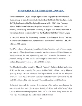 Ipl Introduction Project Report on IPL - Indian Premier League | DOCX