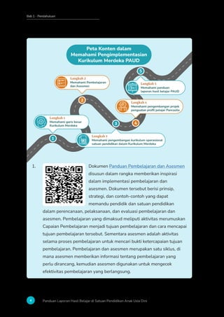 Bab 1 - Pendahuluan
4 Panduan Laporan Hasil Belajar di Satuan Pendidikan Anak Usia Dini
Peta Konten dalam
Memahami Pengimplementasian
Kurikulum Merdeka PAUD
1
1
1
1
Memahami garis besar
Kurikulum Merdeka
Langkah 1
2
2
2
2
Memahami Pembelajaran
dan Asesmen
Langkah 2
3
3
3
3
Memahami pengembangan kurikulum operasional
satuan pendidikan dalam Kurikulum Merdeka
Langkah 3
5
5
5
5
Memahami panduan
laporan hasil belajar PAUD
Langkah 5
4
4
4
4
Memahami pengembangan projek
penguatan proﬁl pelajar Pancasila
Langkah 4
1. Dokumen Panduan Pembelajaran dan Asesmen
disusun dalam rangka memberikan inspirasi
dalam implementasi pembelajaran dan
asesmen. Dokumen tersebut berisi prinsip,
strategi, dan contoh-contoh yang dapat
memandu pendidik dan satuan pendidikan
dalam perencanaan, pelaksanaan, dan evaluasi pembelajaran dan
asesmen. Pembelajaran yang dimaksud meliputi aktivitas merumuskan
Capaian Pembelajaran menjadi tujuan pembelajaran dan cara mencapai
tujuan pembelajaran tersebut. Sementara asesmen adalah aktivitas
selama proses pembelajaran untuk mencari bukti ketercapaian tujuan
pembelajaran. Pembelajaran dan asesmen merupakan satu siklus, di
mana asesmen memberikan informasi tentang pembelajaran yang
perlu dirancang, kemudian asesmen digunakan untuk mengecek
efektivitas pembelajaran yang berlangsung.
 