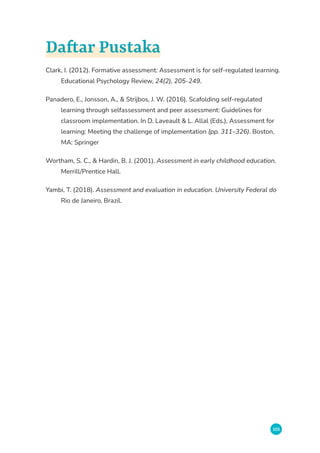 103
Daftar Pustaka
Clark, I. (2012). Formative assessment: Assessment is for self-regulated learning.
Educational Psychology Review, 24(2), 205-249.
Panadero, E., Jonsson, A.,  Strijbos, J. W. (2016). Scafolding self-regulated
learning through selfassessment and peer assessment: Guidelines for
classroom implementation. In D. Laveault  L. Allal (Eds.), Assessment for
learning: Meeting the challenge of implementation (pp. 311–326). Boston,
MA: Springer
Wortham, S. C.,  Hardin, B. J. (2001). Assessment in early childhood education.
Merrill/Prentice Hall.
Yambi, T. (2018). Assessment and evaluation in education. University Federal do
Rio de Janeiro, Brazil.
 