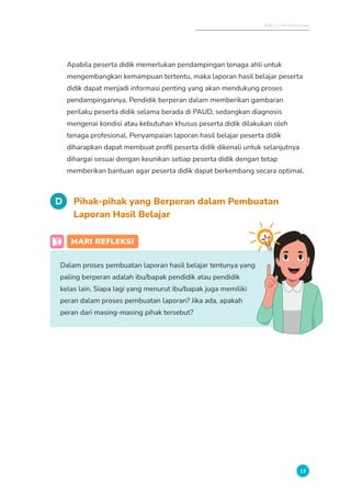 Bab 1 - Pendahuluan
13
Apabila peserta didik memerlukan pendampingan tenaga ahli untuk
mengembangkan kemampuan tertentu, maka laporan hasil belajar peserta
didik dapat menjadi informasi penting yang akan mendukung proses
pendampingannya. Pendidik berperan dalam memberikan gambaran
perilaku peserta didik selama berada di PAUD, sedangkan diagnosis
mengenai kondisi atau kebutuhan khusus peserta didik dilakukan oleh
tenaga profesional. Penyampaian laporan hasil belajar peserta didik
diharapkan dapat membuat profil peserta didik dikenali untuk selanjutnya
dihargai sesuai dengan keunikan setiap peserta didik dengan tetap
memberikan bantuan agar peserta didik dapat berkembang secara optimal.
D Pihak-pihak yang Berperan dalam Pembuatan
Laporan Hasil Belajar
MARI REFLEKSI
Dalam proses pembuatan laporan hasil belajar tentunya yang
paling berperan adalah ibu/bapak pendidik atau pendidik
kelas lain. Siapa lagi yang menurut ibu/bapak juga memiliki
peran dalam proses pembuatan laporan? Jika ada, apakah
peran dari masing-masing pihak tersebut?
 