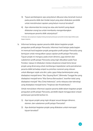 Bab 2 - Tahap Pengumpulan Data
19
3) Tujuan pembelajaran apa yang belum dikuasai atau teramati muncul
pada peserta didik dan tindak lanjut yang akan dilakukan pendidik
untuk menstimulasi capaian yang belum muncul tersebut?
4) Apa rekomendasi ke orang tua atau aksi konkrit yang dapat
dilakukan orang tua untuk membantu mengembangkan
kemampuan peserta didik selanjutnya?
*) Panduan dan penjelasan lengkap tentang keempat pertanyaan pemantik tersebut dapat dilihat pada
bagian lampiran.
b. Informasi tentang capaian peserta didik dalam kegiatan projek
penguatan profil pelajar Pancasila. Informasi hasil belajar pada bagian
ini memuat hasil kegiatan projek penguatan profil pelajar Pancasila yang
bertujuan untuk menguatkan upaya capaian profil pelajar Pancasila.
Tujuan projek ini mengacu pada enam dimensi, juga elemen dan
subelemen profil pelajar Pancasila yang ingin dikuatkan pada Fase
Fondasi. Upaya ini dilakukan melalui eksplorasi empat tema besar
projek yang dirancang untuk membangun kepedulian serta pemahaman
peserta didik terhadap empat isu prioritas nasional yang relevan
untuk dibangun sejak usia dini, yaitu: gaya hidup berkelanjutan yang
diadaptasi menjadi tema “Aku Sayang Bumi”, Bhinneka Tunggal Ika yang
diadaptasi menjadi tema “Kita Semua Bersaudara”, kearifan lokal yang
diadaptasi menjadi “Aku Cinta Indonesia”, serta rekayasa dan teknologi
yang diadaptasi menjadi tema “Imajinasi dan Kreativitasku”.
Untuk menuliskan informasi capaian peserta didik dalam kegiatan projek
penguatan profil pelajar Pancasila, pendidik dapat menggunakan empat
pertanyaan pemantik berikut ini.
1) Apa tujuan projek yang ingin dicapai sesuai dengan dimensi,
elemen, dan subelemen profil pelajar Pancasila?
2) Apa deskripsi kegiatan projek yang dilakukan untuk mencapai
tujuan tersebut?
 