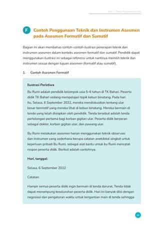Bab 2 - Tahap Pengumpulan Data
51
F Contoh Penggunaan Teknik dan Instrumen Asesmen
pada Asesmen Formatif dan Sumatif
Bagian ini akan membahas contoh-contoh ilustrasi penerapan teknik dan
instrumen asesmen dalam konteks asesmen formatif dan sumatif. Pendidik dapat
menggunakan ilustrasi ini sebagai referensi untuk nantinya memilih teknik dan
instrumen sesuai dengan tujuan asesmen (formatif atau sumatif).
1. Contoh Asesmen Formatif
Ilustrasi Peristiwa
Bu Rumi adalah pendidik kelompok usia 5–6 tahun di TK Bahari. Peserta
didik TK Bahari sedang mempelajari topik kebun binatang. Pada hari
itu, Selasa, 6 September 2022, mereka mendiskusikan tentang ular
besar bermotif yang mereka lihat di kebun binatang. Mereka bermain di
tenda yang telah disiapkan oleh pendidik. Tenda tersebut adalah tenda
pertolongan pertama bagi korban gigitan ular. Peserta didik berperan
sebagai dokter, korban gigitan ular, dan pawang ular.
Bu Rumi melakukan asesmen harian menggunakan teknik observasi
dan instrumen yang sederhana berupa catatan anekdotal singkat untuk
keperluan pribadi Bu Rumi, sebagai alat bantu untuk bu Rumi mencatat
respon peserta didik. Berikut adalah contohnya.
Hari, tanggal:
Selasa, 6 September 2022
Catatan:
Hampir semua peserta didik ingin bermain di tenda darurat. Tenda tidak
dapat menampung keseluruhan peserta didik. Hari ini banyak diisi dengan
negosiasi dan pengaturan waktu untuk bergantian main di tenda sehingga
 