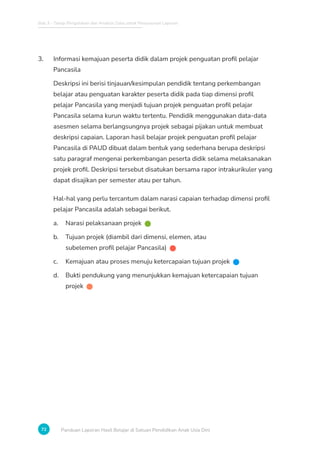 Bab 3 - Tahap Pengolahan dan Analisis Data untuk Penyusunan Laporan
72 Panduan Laporan Hasil Belajar di Satuan Pendidikan Anak Usia Dini
3. Informasi kemajuan peserta didik dalam projek penguatan profil pelajar
Pancasila
Deskripsi ini berisi tinjauan/kesimpulan pendidik tentang perkembangan
belajar atau penguatan karakter peserta didik pada tiap dimensi profil
pelajar Pancasila yang menjadi tujuan projek penguatan profil pelajar
Pancasila selama kurun waktu tertentu. Pendidik menggunakan data-data
asesmen selama berlangsungnya projek sebagai pijakan untuk membuat
deskripsi capaian. Laporan hasil belajar projek penguatan profil pelajar
Pancasila di PAUD dibuat dalam bentuk yang sederhana berupa deskripsi
satu paragraf mengenai perkembangan peserta didik selama melaksanakan
projek profil. Deskripsi tersebut disatukan bersama rapor intrakurikuler yang
dapat disajikan per semester atau per tahun.
Hal-hal yang perlu tercantum dalam narasi capaian terhadap dimensi profil
pelajar Pancasila adalah sebagai berikut.
a. Narasi pelaksanaan projek
b. Tujuan projek (diambil dari dimensi, elemen, atau
subelemen profil pelajar Pancasila)
c. Kemajuan atau proses menuju ketercapaian tujuan projek
d. Bukti pendukung yang menunjukkan kemajuan ketercapaian tujuan
projek
 