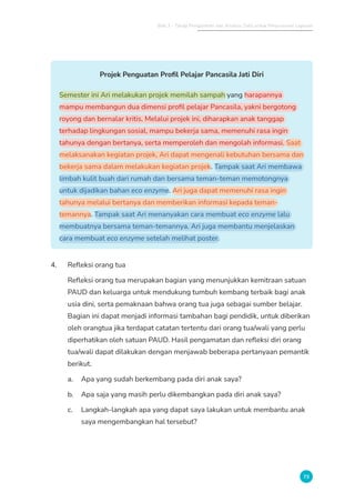 Bab 3 - Tahap Pengolahan dan Analisis Data untuk Penyusunan Laporan
73
Projek Penguatan Profil Pelajar Pancasila Jati Diri
Semester ini Ari melakukan projek memilah sampah yang harapannya
mampu membangun dua dimensi profil pelajar Pancasila, yakni bergotong
royong dan bernalar kritis. Melalui projek ini, diharapkan anak tanggap
terhadap lingkungan sosial, mampu bekerja sama, memenuhi rasa ingin
tahunya dengan bertanya, serta memperoleh dan mengolah informasi. Saat
melaksanakan kegiatan projek, Ari dapat mengenali kebutuhan bersama dan
bekerja sama dalam melakukan kegiatan projek. Tampak saat Ari membawa
limbah kulit buah dari rumah dan bersama teman-teman memotongnya
untuk dijadikan bahan eco enzyme. Ari juga dapat memenuhi rasa ingin
tahunya melalui bertanya dan memberikan informasi kepada teman-
temannya. Tampak saat Ari menanyakan cara membuat eco enzyme lalu
membuatnya bersama teman-temannya. Ari juga membantu menjelaskan
cara membuat eco enzyme setelah melihat poster.
4. Refleksi orang tua
Refleksi orang tua merupakan bagian yang menunjukkan kemitraan satuan
PAUD dan keluarga untuk mendukung tumbuh kembang terbaik bagi anak
usia dini, serta pemaknaan bahwa orang tua juga sebagai sumber belajar.
Bagian ini dapat menjadi informasi tambahan bagi pendidik, untuk diberikan
oleh orangtua jika terdapat catatan tertentu dari orang tua/wali yang perlu
diperhatikan oleh satuan PAUD. Hasil pengamatan dan refleksi diri orang
tua/wali dapat dilakukan dengan menjawab beberapa pertanyaan pemantik
berikut.
a. Apa yang sudah berkembang pada diri anak saya?
b. Apa saja yang masih perlu dikembangkan pada diri anak saya?
c. Langkah-langkah apa yang dapat saya lakukan untuk membantu anak
saya mengembangkan hal tersebut?
 