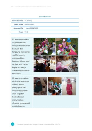Bab 3 - Tahap Pengolahan dan Analisis Data untuk Penyusunan Laporan
78 Panduan Laporan Hasil Belajar di Satuan Pendidikan Anak Usia Dini
Contoh Portofolio
Nama Sekolah TK Bintang
Nama Siswa Adinda Kirana
Semester/TA 1 (satu) 2021/2022
Kelas TK B
Kirana menunjukkan
sikap membantu
dengan menawarkan
bantuan dan
langsung membantu
saat temannya
membutuhkan
bantuan. Kirana juga
terlibat aktif dalam
kegiatan bekerja
sama dengan teman-
temannya.
Kirana menerapkan
nilai-nilai agamanya
(Islam). Kirana
menyiapkan diri
dengan sigap saat
akan kegiatan
beribadah dan
menunjukkan
ekspresi senang saat
melakukannya.
 