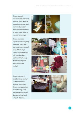 Bab 3 - Tahap Pengolahan dan Analisis Data untuk Penyusunan Laporan
79
Kirana sangat
antusias saat aktivitas
dengan buku. Kirana
sangat semangat saat
memilih buku dan
menceritakan kembali
isi buku yang dibaca
kepada temannya.
Kirana memiliki
kepercayaan diri yang
baik saat mencoba
memecahkan masalah
yang ditemuinya.
Kirana juga beberapa
kali memberikan
ide kreatif terhadap
masalah yang dia
atau temannya
hadapi.
Kirana mengerti
cara bersikap santun
saat berinteraksi
dengan orang lain.
Kirana mengucapkan
minta tolong saat
memerlukan bantuan
dan berterima kasih
setelah dibantu.
 