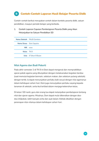 89
B Contoh-Contoh Laporan Hasil Belajar Peserta Didik
Contoh-contoh berikut merupakan contoh dalam konteks peserta didik, satuan
pendidikan, maupun periode belajar yang berbeda.
1. Contoh Laporan Capaian Pembelajaran Peserta Didik yang Akan
Melanjutkan ke Satuan Pendidikan SD
Nama Sekolah PAUD Gembira
Nama Siswa Doni Saputra
NIK xxxx
Kelas TK B
Usia 6 Tahun 8 Bulan
Nilai Agama dan Budi Pekerti
Pada akhir semester 2 di TK B ini Doni dapat mengenal dan mempraktikkan
ajaran pokok agama yang ditunjukkan dengan melaksanakan kegiatan berdoa
(saat memulai kegiatan bermain, sebelum makan, dan sebelum pulang sekolah)
dengan tertib. Ia dapat menunjukkan perilaku baik sesuai dengan nilai agamanya
dalam kehidupan sehari-hari. Doni juga menunjukkan perilaku sayang kepada
tanaman di sekolah, serta ikut terlibat dalam menjaga kebersihan kelas.
Di kelas I SD nanti, guru dan orang tua dapat melanjutkan pembelajaran tentang
nilai dan ajaran agama. Misalnya, Doni dapat mulai dikenalkan dengan doa-
doa inti/pokok, lebih banyak cerita dan ayat dalam Alkitab dikaitkan dengan
penerapan nilai-nilainya dalam kehidupan sehari-hari.
 