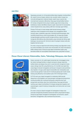 93
Jati Diri
Sepanjang semester ini, Ari bersedia terlibat dalam kegiatan membersihkan
diri, seperti mencuci tangan sebelum dan sesudah makan. Ia juga mau
mencoba berbagai jenis makanan bergizi, seperti sayur-sayuran dan
mencicipi buah yang baru dikenalnya. Saya juga memperhatikan bahwa
Ari mampu mengenali emosi yang ia rasakan, juga emosi orang-orang
terdekatnya melalui identifikasi ekspresi wajah. Suatu kali Ari menawarkan
mainan kepada teman yang sedang sedih dan menangis agar terhibur.
Di kelas TK B nanti, Ari akan belajar lebih banyak tentang strategi
sederhana untuk meregulasi emosi dengan cara mengajarkan teknik
menarik napas, melakukan yoga anak, memeluk benda kesayangan, atau
memiliki tempat khusus untuk menenangkan diri. Ari juga akan belajar
mengembangkan gambaran positif mengenai dirinya, seperti misalnya
mengenali sifat baiknya atau keterampilan yang menonjol dari dirinya agar
terbangun rasa percaya diri. Hal-hal ini akan Ari pelajari melalui cerita dan
kegiatan bermain peran.
Di rumah, orang tua dapat bercerita tentang strategi yang digunakan orang
tua untuk meredakan rasa marah serta menawarkan Ari untuk mencobanya
ketika sedang marah. Orang tua juga dapat memberikan pujian yang
bermakna ketika Ari menunjukkan keterampilan baru yang telah ia kuasai.
Dasar-Dasar Literasi, Matematika, Sains, Teknologi, Rekayasa, dan Seni
Dalam semester ini, Ari sudah dapat menyimak dan menanggapi orang
lain dalam berbagai konteks. Ia dapat merespons dengan tepat dan
terlibat dalam percakapan dua arah. Ia suka bercerita mengenai isi buku
yang ia dengar atau film yang ditontonnya. Ari memiliki rasa ingin tahu
yang tinggi. Ia banyak mengajukan pertanyaan mengenai suatu peristiwa
atau kejadian. Ari juga sudah dapat memprediksi dan melanjutkan pola
urutan berupa gambar. Suatu kali Ari membuat gelang dari manik-manik.
Gelang yang dibuatnya menunjukkan pola A-B-A-B dengan teratur.
Di TK B nanti, guru dapat mengajak Ari melakukan lebih banyak
eksperimen serta kegiatan seni yang beragam sehingga kemampuannya
membuat prediksi dan membuat kesimpulan sederhana dari hasil
pengamatan percobaan akan terus berkembang. Saya juga berharap
nantinya guru dapat memfasilitasi Ari dengan pengenalan kegiatan seni
yang beragam, seperti misalnya mengenalkan seni drama dan seni visual
3 dimensi.
Di rumah, orang tua dapat mengajak Ari berkegiatan di dapur dan
mencoba mengamati perubahan benda dan bahan yang terjadi di dapur.
Orang tua juga dapat mengajak Ari berkegiatan seni bersama, seperti
bernyanyi, menggambar, atau membuat kriya bersama.
 