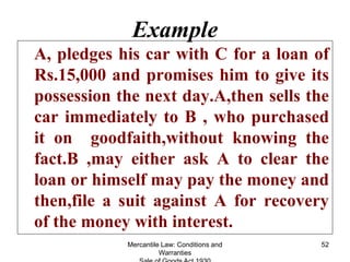Mercantile Law: Conditions and
Warranties
52
Example
A, pledges his car with C for a loan of
Rs.15,000 and promises him to...