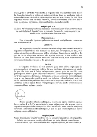 32
causas,	
   pelo	
   só	
   atributo	
   Pensamento,	
   e	
   enquanto	
   são	
   consideradas	
   como	
   modos	
  
da	
   Extensão,	
   também	
   a	
   ordem	
   da	
   natureza	
   inteira	
   deve	
   ser	
   explicada	
   pelo	
   só	
  
atributo	
  Extensão;	
  e	
  entendo	
  o	
  mesmo	
  quanto	
  aos	
  outros	
  atributos.	
  Por	
  isso	
  Deus,	
  
enquanto	
   consiste	
   em	
   infinitos	
   atributos,	
   é	
   verdadeiramente	
   causa	
   das	
   coisas	
  
como	
  são	
  em	
  si;	
  e	
  por	
  ora	
  não	
  posso	
  explicar	
  isso	
  mais	
  claramente.	
  
	
  
Proposição	
  VIII	
  
As	
  ideias	
  das	
  coisas	
  singulares	
  ou	
  modos	
  não	
  existentes	
  devem	
  estar	
  compreendidas	
  
na	
  ideia	
  infinita	
  de	
  Deus	
  tal	
  como	
  as	
  essências	
  formais	
  das	
  coisas	
  singulares	
  ou	
  
modos	
  estão	
  contidas	
  nos	
  atributos	
  de	
  Deus.	
  
	
  
Demonstração	
  
	
  
Esta	
  proposição	
  é	
  patente	
  pela	
  anterior,	
  mas	
  é	
  inteligida	
  mais	
  claramente	
  
pelo	
  escólio	
  anterior.	
  
Corolário	
  
	
  
Daí	
   segue	
   que,	
   na	
   medida	
   em	
   que	
   as	
   coisas	
   singulares	
   não	
   existem	
   senão	
  
enquanto	
   compreendidas	
   nos	
   atributos	
   de	
   Deus,	
   seu	
   ser	
   objetivo,	
   ou	
   seja,	
   suas	
  
ideias,	
  não	
  existem	
  senão	
  enquanto	
  a	
  ideia	
  infinita	
  de	
  Deus	
  existe;	
  e	
  quando	
  se	
  diz	
  
que	
   as	
   coisas	
   singulares	
   existem	
   não	
   apenas	
   enquanto	
   compreendidas	
   nos	
  
atributos	
   de	
   Deus,	
   mas	
   também	
   enquanto	
   são	
   ditas	
   durar,	
   suas	
   ideias	
   também	
  
envolvem	
  existência,	
  pela	
  qual	
  se	
  diz	
  que	
  duram.	
  
	
  
Escólio	
  
	
  
Se	
   alguém	
   precisasse	
   de	
   um	
   exemplo	
   para	
   mais	
   ampla	
   explicação	
   do	
  
assunto,	
  nenhum	
  por	
  certo	
  eu	
  poderia	
  dar	
  que	
  explicasse	
  adequadamente	
  aquilo	
  
de	
   que	
   falo,	
   dado	
   que	
   é	
   único;	
   esforçar-­‐me-­‐ei,	
   porém,	
   para	
   esclarecê-­‐lo	
   tanto	
  
quanto	
  puder.	
  Sabe-­‐se	
  que	
  o	
  círculo	
  é	
  de	
  natureza	
  tal	
  que	
  os	
  retângulos	
  traçados	
  a	
  
partir	
  dos	
  segmentos	
  de	
  todas	
  as	
  linhas	
  retas	
  secantes	
  no	
  mesmo	
  ponto	
  são	
  iguais	
  
entre	
   si;	
   por	
   isso	
   estão	
   contidos	
   no	
   círculo	
   infinitos	
   retângulos	
   iguais	
   entre	
   si;	
  
porém	
   nenhum	
   deles	
   pode	
   ser	
   dito	
   existir	
   senão	
   enquanto	
   o	
   círculo	
   existe,	
   nem	
  
também	
  a	
  ideia	
  de	
  algum	
  destes	
  retângulos	
  pode	
  ser	
  dita	
  existir	
  senão	
  enquanto	
  
compreendida	
  na	
  ideia	
  do	
  círculo.	
  	
  
	
  

	
  
	
  
Dentre	
   aqueles	
   infinitos	
   retângulos,	
   conceba-­‐se	
   agora	
   existirem	
   apenas	
  
dois,	
   a	
   saber,	
   E	
   e	
   D.	
   Por	
   certo	
   também	
   suas	
   ideias	
   agora	
   não	
   apenas	
   existem	
  
enquanto	
   compreendidas	
   somente	
   na	
   ideia	
   do	
   círculo,	
   mas	
   também	
   enquanto	
  
envolvem	
   a	
   existência	
   destes	
   retângulos,	
   o	
   que	
   faz	
   que	
   se	
   distingam	
   das	
   outras	
  
ideias	
  de	
  outros	
  retângulos.	
  
	
  
Proposição	
  IX	
  
A	
  ideia	
  de	
  uma	
  coisa	
  singular	
  existente	
  em	
  ato	
  tem	
  como	
  causa	
  Deus	
  não	
  enquanto	
  é	
  
infinito,	
  mas	
  enquanto	
  considerado	
  afetado	
  por	
  outra	
  ideia	
  de	
  coisa	
  singular	
  
existente	
  em	
  ato,	
  cuja	
  causa	
  também	
  é	
  Deus	
  enquanto	
  afetado	
  por	
  uma	
  terceira,	
  e	
  

 