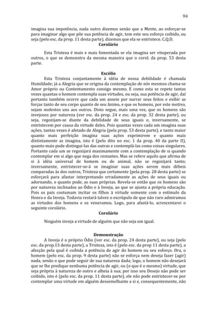 94
imagina	
   sua	
   impotência,	
   nada	
   outro	
   dizemos	
   senão	
   que	
   a	
   Mente,	
   ao	
   esforçar-­‐se	
  
para	
  imaginar	
  algo	
  que	
  põe	
  sua	
  potência	
  de	
  agir,	
  tem	
  este	
  seu	
  esforço	
  coibido,	
  ou	
  
seja	
  (pelo	
  esc.	
  da	
  prop.	
  11	
  desta	
  parte),	
  dizemos	
  que	
  ela	
  se	
  entristece.	
  C.Q.D.	
  
Corolário	
  
	
  
Esta	
   Tristeza	
   é	
   mais	
   e	
   mais	
   fomentada	
   se	
   ela	
   imagina	
   ser	
   vituperada	
   por	
  
outros,	
   o	
   que	
   se	
   demonstra	
   da	
   mesma	
   maneira	
   que	
   o	
   corol.	
   da	
   prop.	
   53	
   desta	
  
parte.	
  
	
  
Escólio	
  
	
  
Esta	
   Tristeza	
   conjuntamente	
   à	
   idéia	
   de	
   nossa	
   debilidade	
   é	
   chamada	
  
Humildade;	
   já	
   a	
   Alegria	
   que	
   se	
   origina	
   da	
   contemplação	
   de	
   nós	
   mesmos	
   chama-­‐se	
  
Amor	
   próprio	
   ou	
   Contentamento	
   consigo	
   mesmo.	
   E	
   como	
   esta	
   se	
   repete	
   tantas	
  
vezes	
  quantas	
  o	
  homem	
  contempla	
  suas	
  virtudes,	
  ou	
  seja,	
  sua	
  potência	
  de	
  agir,	
  daí	
  
portanto	
   também	
   ocorre	
   que	
   cada	
   um	
   anseie	
   por	
   narrar	
   seus	
   feitos	
   e	
   exibir	
   as	
  
forças	
  tanto	
  de	
  seu	
  corpo	
  quanto	
  de	
  seu	
  ânimo,	
  e	
  que	
  os	
  homens,	
  por	
  este	
  motivo,	
  
sejam	
   molestos	
   uns	
   aos	
   outros.	
   Disto	
   segue,	
   mais	
   uma	
   vez,	
   que	
   os	
   homens	
   são	
  
invejosos	
   por	
   natureza	
   (ver	
   esc.	
   da	
   prop.	
   24	
   e	
   esc.	
   da	
   prop.	
   32	
   desta	
   parte),	
   ou	
  
seja,	
   regozijam-­‐se	
   diante	
   da	
   debilidade	
   de	
   seus	
   iguais	
   e,	
   inversamente,	
   se	
  
entristecem	
  por	
  causa	
  da	
  virtude	
  deles.	
  Pois	
  quantas	
  vezes	
  cada	
  um	
  imagina	
  suas	
  
ações,	
   tantas	
   vezes	
   é	
   afetado	
   de	
   Alegria	
   (pela	
   prop.	
   53	
   desta	
   parte),	
   e	
   tanto	
   maior	
  
quanto	
   mais	
   perfeição	
   imagina	
   suas	
   ações	
   exprimirem	
   e	
   quanto	
   mais	
  
distintamente	
   as	
   imagina,	
   isto	
   é	
   (pelo	
   dito	
   no	
   esc.	
   1	
   da	
   prop.	
   40	
   da	
   parte	
   II),	
  
quanto	
  mais	
  pode	
  distingui-­‐las	
  das	
  outras	
  e	
  contemplá-­‐las	
  como	
  coisas	
  singulares.	
  
Portanto	
  cada	
  um	
  se	
  regozijará	
  maximamente	
  com	
  a	
  contemplação	
  de	
  si	
  quando	
  
contemplar	
   em	
   si	
   algo	
   que	
   nega	
   dos	
   restantes.	
   Mas	
   se	
   refere	
   aquilo	
   que	
   afirma	
   de	
  
si	
   à	
   idéia	
   universal	
   de	
   homem	
   ou	
   de	
   animal,	
   não	
   se	
   regozijará	
   tanto;	
  
inversamente,	
   entristecer-­‐se-­‐á	
   se	
   imaginar	
   suas	
   ações	
   serem	
   mais	
   débeis	
  
comparadas	
  às	
  dos	
  outros,	
  Tristeza	
  que	
  certamente	
  (pela	
  prop.	
  28	
  desta	
  parte)	
  se	
  
esforçará	
   para	
   afastar	
   interpretando	
   erradamente	
   as	
   ações	
   de	
   seus	
   iguais	
   ou	
  
adornando,	
  o	
  quanto	
  pode,	
  as	
  suas	
  próprias.	
  Revela-­‐se	
  então	
  que	
  os	
  homens	
  são	
  
por	
  natureza	
  inclinados	
  ao	
  Ódio	
  e	
  à	
  Inveja,	
  ao	
  que	
  se	
  ajunta	
  a	
  própria	
  educação.	
  
Pois	
   os	
   pais	
   costumam	
   incitar	
   os	
   filhos	
   à	
   virtude	
   somente	
   com	
   o	
   estímulo	
   da	
  
Honra	
   e	
   da	
   Inveja.	
   Todavia	
   restará	
   talvez	
   o	
   escrúpulo	
   de	
   que	
   não	
   raro	
   admiramos	
  
as	
   virtudes	
   dos	
   homens	
   e	
   os	
   veneramos.	
   Logo,	
   para	
   afastá-­‐lo,	
   acrescentarei	
   o	
  
seguinte	
  corolário.	
  
Corolário	
  
	
  

Ninguém	
  inveja	
  a	
  virtude	
  de	
  alguém	
  que	
  não	
  seja	
  um	
  igual.	
  

	
  
Demonstração	
  
	
  
A	
  Inveja	
  é	
  o	
  próprio	
  Ódio	
  (ver	
  esc.	
  da	
  prop.	
  24	
  desta	
  parte),	
  ou	
  seja	
  (pelo	
  
esc.	
  da	
  prop.13	
  desta	
  parte),	
  a	
  Tristeza,	
  isto	
  é	
  (pelo	
  esc.	
  da	
  prop	
  11	
  desta	
  parte),	
  a	
  
afecção	
   pela	
   qual	
   é	
   coibida	
   a	
   potência	
   de	
   agir	
   do	
   homem	
   ou	
   seu	
   esforço.	
   Ora,	
   o	
  
homem	
  (pelo	
  esc.	
  da	
  prop.	
  9	
  desta	
  parte)	
  não	
  se	
  esforça	
  nem	
  deseja	
  fazer	
  (agir)	
  
nada,	
   senão	
   o	
   que	
   pode	
   seguir	
   de	
   sua	
   natureza	
   dada;	
   logo,	
   o	
   homem	
   não	
   desejará	
  
que	
  se	
  lhe	
  predique	
  nenhuma	
  potência	
  de	
  agir,	
  ou	
  (o	
  que	
  é	
  o	
  mesmo)	
  virtude,	
  que	
  
seja	
  própria	
  à	
  natureza	
  de	
  outro	
  e	
  alheia	
  à	
  sua;	
  por	
  isso	
  seu	
  Desejo	
  não	
  pode	
  ser	
  
coibido,	
  isto	
  é	
  (pelo	
  esc.	
  da	
  prop.	
  11	
  desta	
  parte),	
  ele	
  não	
  pode	
  entristecer-­‐se	
  por	
  
contemplar	
  uma	
  virtude	
  em	
  alguém	
  dessemelhante	
  a	
  si	
  e,	
  consequentemente,	
  não	
  

 