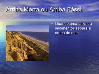 Arriba Morta ou Arriba FóssilArriba Morta ou Arriba Fóssil
• Quando uma faixa deQuando uma faixa de
sedimentos separa asedimentos separa a
arriba do mar.arriba do mar.
 