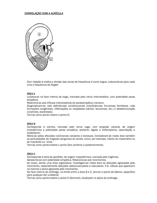CCCCOOOORRRRRRRREEEELLLLAAAAÇÇÇÇÃÃÃÃOOOO CCCCOOOOMMMM AAAA AAAAUUUURRRRÍÍÍÍCCCCUUUULLLLAAAA 
Com relação à orelha a divisão das zonas de frequência é como segue, colocando-se para cada 
uma a frequência de Nogier: 
ÁÁÁÁRRRREEEEAAAA AAAA 
Localiza-se na face interna do trago, inervada pelo nervo intermediário, com polaridade paras 
simpática. 
Relaciona-se aos influxos interoceptivos do parassimpático craniano. 
Diagnosticam-se nela deficiências constitucionais (insuficiências funcionais familiares, más 
formações congênitas), inflamações ou neoplasias (câncer, leucemias, etc.) e desestruturação 
(cicatrizes, escleroses). 
Tem-se como ponto mestre o ponto O'. 
ÁÁÁÁRRRREEEEAAAA BBBB 
Corresponde à concha, inervada pelo nervo vago, com projeção visceral, de origem 
endodérmica e polaridade paras simpática, portanto, ligada a trofotropismo, assimilação e 
anabolismo. 
Altera-se pelas afecções nutricionais celulares e teciduais. Consideram-se nesta área também 
as perturbações da irrigação sanguínea do tecido, como, por exemplo, infarto do mesentério ou 
do miocárdio ou renal. 
Tem-se como ponto-mestre o ponto Zero (anterior e posteriormente). 
ÁÁÁÁRRRREEEEAAAA CCCC 
Corresponde à área do pavilhão, de origem mesodérmica, inervada pelo trigêmeo. 
Apresenta-se com polaridade simpática. Relaciona-se aos movimentos 
do corpo, sendo uma área ergotrópica. Investigam-se nesta área as afecções agravadas pelo 
movimento, especialmente afecções osteomusculares e vasculares. V.G. cólicas que aparecem 
na marcha e asma agravada pelo movimento. 
Na face interna do antitrago, no limite entre a área B e C, tem-se o ponto do tálamo, específico 
para qualquer dor unilateral. 
Tem-se como ponto-mestre o ponto S (Sommet), localizado no ápice do antitrago. 
 