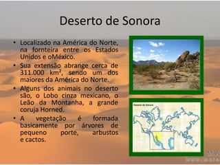 Deserto de Sonora
• Localizado na América do Norte,
na fornteira entre os Estados
Unidos e oMéxico.
• Sua extensão abrange cerca de
311.000 km², sendo um dos
maiores da América do Norte.
• Alguns dos animais no deserto
são, o Lobo cinza mexicano, o
Leão da Montanha, a grande
coruja Horned.
• A vegetação é formada
basicamente por árvores de
pequeno porte, arbustos
e cactos.
 
