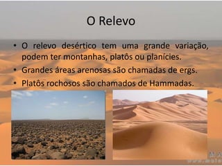 O Relevo
• O relevo desértico tem uma grande variação,
podem ter montanhas, platôs ou planícies.
• Grandes áreas arenosas são chamadas de ergs.
• Platôs rochosos são chamados de Hammadas.
 