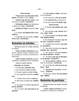— 365 — 
Desenvolvidas 
1. Porque previ uma discussão intem-pestiva, 
não propus o tema. (causa) 
2. Embora seja tão bom assim, você 
não venceu a partida? (concessiva) 
3. Se falarmos demais, nós perderemos 
o crédito dos colegas. (condicional) 
4. Quando sair daqui, procure-me. (tem-poral) 
5. Vi rapazes que jogavam bola na rua. 
(adjetiva) 
6. A lâmpada caiu na escada e espati-fou- 
se toda. (coordenada) 
Reduzidas de infinitivo 
Geralmente podem ser orações reduzidas 
de infinitivo: 
• certas orações substantivas (sub-jetivas, 
objetivas diretas, objetivas indire-tas, 
completivas nominais, predicativas e 
apositivas); 
• certas orações adverbiais (causais, 
concessivas, condicionais, finais e temporais); 
• algumas orações adjetivas. 
Reduzidas de infinitivo 
7. É interessante estudares mais. 
8. Nós mandamos virem os livros. 
9. O tempo impedirá você de vir hoje. 
10. Sou francamente favorável a voltares 
hoje. 
11. A atitude mais louvável é saíres já. 
12. Meu sonho foi sempre este: trabalhar 
aqui. 
13. Seu passe foi comprado por ser um 
grande goleador. 
14. Foi embora sem desculpar-se da 
agressão. 
15. A ser mentira a estória, você pode-rá 
ser processado. 
16. Só te falei isso, a fim de te ajudar. 
17. Ao encontrar-nos, emocionou-se. 
18. Ele não é pessoa de desistir logo. 
Desenvolvidas 
7. É interesse que estudes mais. (sub-jetiva) 
8. Nós mandamos que viessem os li-vros. 
(objet. direta) 
9. O tempo impedirá você de que venha 
hoje. (objetiva indireta) 
10. Sou francamente favorável a que vol-tes 
hoje. (completiva nominal) 
11. A atitude mais louvável é que saias 
já. (predicativa) 
12. Meu sonho foi sempre este: que tra-balhasse 
aqui. (apositiva) 
13. Seu passe foi comprado porque é 
um grande goleador. (causal) 
14. Foi embora sem que se desculpas-se 
da agressão. (concessiva) 
15. Se for mentira a estória, você po-derá 
ser processado. (condicional) 
16. Só te falei isso a fim de que te aju-dasse. 
(final) 
17. Quando nos encontrou, emocio-nou- 
se. (temporal) 
18. Ele não é pessoa (de) que desista 
logo. (adjetiva) 
Reduzidas de particípio 
Geralmente podem ser orações reduzidas 
de particípio: 
• certas orações adverbiais (causais, 
concessivas, condicionais e temporais). 
 