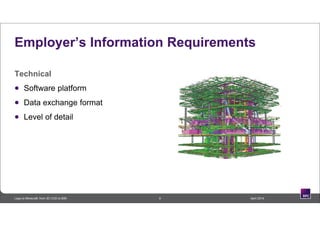 9 April 2014Lego to Minecraft: from 3D CAD to BIM
Employer’s Information Requirements
Technical
 Software platform
 Data exchange format
 Level of detail
 