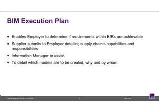 BIM Execution Plan
 Enables Employer to determine if requirements within EIRs are achievable
 Supplier submits to Employer detailing supply chain’s capabilities and
responsibilities
 Information Manager to assist
 To detail which models are to be created, why and by whom
12 April 2014Lego to Minecraft: from 3D CAD to BIM
 