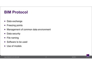 BIM Protocol
 Data exchange
 Freezing points
 Management of common data environment
 Data security
 File naming
 Software to be used
 Use of models
15 April 2014Lego to Minecraft: from 3D CAD to BIM
 