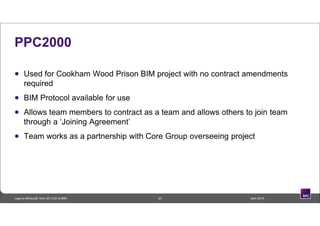 PPC2000
 Used for Cookham Wood Prison BIM project with no contract amendments
required
 BIM Protocol available for use
 Allows team members to contract as a team and allows others to join team
through a ‘Joining Agreement’
 Team works as a partnership with Core Group overseeing project
20 April 2014Lego to Minecraft: from 3D CAD to BIM
 