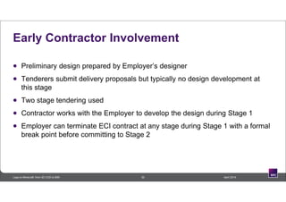 Early Contractor Involvement
 Preliminary design prepared by Employer’s designer
 Tenderers submit delivery proposals but typically no design development at
this stage
 Two stage tendering used
 Contractor works with the Employer to develop the design during Stage 1
 Employer can terminate ECI contract at any stage during Stage 1 with a formal
break point before committing to Stage 2
30 April 2014Lego to Minecraft: from 3D CAD to BIM
 