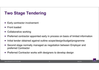 Two Stage Tendering
 Early contractor involvement
 Front loaded
 Collaborative working
 Preferred contractor appointed early in process on basis of limited information
 Initial tender obtained against outline scope/design/budget/programme
 Second stage normally managed as negotiation between Employer and
preferred Contractor
 Preferred Contractor works with designers to develop design
31 April 2014Lego to Minecraft: from 3D CAD to BIM
 