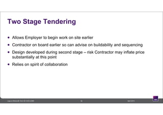 Two Stage Tendering
 Allows Employer to begin work on site earlier
 Contractor on board earlier so can advise on buildability and sequencing
 Design developed during second stage – risk Contractor may inflate price
substantially at this point
 Relies on spirit of collaboration
32 April 2014Lego to Minecraft: from 3D CAD to BIM
 
