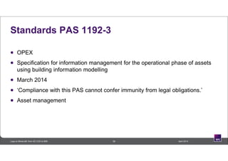Standards PAS 1192-3
 OPEX
 Specification for information management for the operational phase of assets
using building information modelling
 March 2014
 ‘Compliance with this PAS cannot confer immunity from legal obligations.’
 Asset management
38 April 2014Lego to Minecraft: from 3D CAD to BIM
 