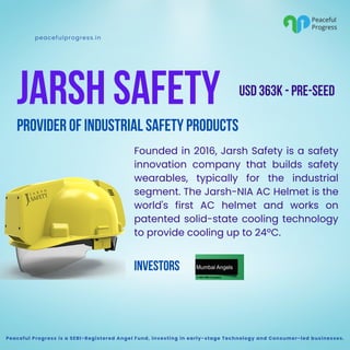 Founded in 2016, Jarsh Safety is a safety
innovation company that builds safety
wearables, typically for the industrial
segment. The Jarsh-NIA AC Helmet is the
world's first AC helmet and works on
patented solid-state cooling technology
to provide cooling up to 24ºC.
JARSH SAFETY
PROVIDER OF INDUSTRIAL SAFETY PRODUCTS
peacefulprogress.in
INVESTORS
Peaceful Progress is a SEBI-Registered Angel Fund, investing in early-stage Technology and Consumer-led businesses.
USD 363K - PRE-SEED
 