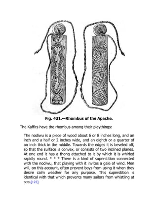 Fig. 431.—Rhombus of the Apache.
The Kaffirs have the rhombus among their playthings:
The nodiwu is a piece of wood about 6 or 8 inches long, and an
inch and a half or 2 inches wide, and an eighth or a quarter of
an inch thick in the middle. Towards the edges it is beveled off,
so that the surface is convex, or consists of two inclined planes.
At one end it has a thong attached to it by which it is whirled
rapidly round. * * * There is a kind of superstition connected
with the nodiwu, that playing with it invites a gale of wind. Men
will, on this account, often prevent boys from using it when they
desire calm weather for any purpose. This superstition is
identical with that which prevents many sailors from whistling at
sea.[122]
 