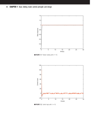 0 5 10 15 20 25 30
0
0.2
0.4
0.6
0.8
1
1.2
1.4
time(s)
Step
response
■ FIGURE 1.1 Position tracking with k 5 10.
0 5 10 15 20 25 30
–20
0
20
40
60
80
100
120
time(s)
Control
input
■ FIGURE 1.2 Control input with k 5 10.
4 CHAPTER 1 Basic sliding mode control principle and design
 