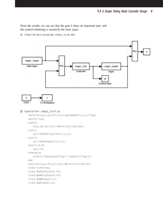 From the results, we can see that the gain k plays an important part, and
the control chattering is caused by the term ηsgns.
1. Simulink main program: chap1_1sim.mdl
2. Controller: chap1_1ctrl.m
function [sys,x0,str,ts] 5 spacemodel(t,x,u,flag)
switch flag,
case 0,
[sys,x0,str,ts] 5 mdlInitializeSizes;
case 1,
sys 5 mdlDerivatives(t,x,u);
case 3,
sys 5 mdlOutputs(t,x,u);
case {2,4,9}
sys 5 [];
otherwise
error(['Unhandled flag 5 ',num2str(flag)]);
end
function [sys,x0,str,ts] 5 mdlInitializeSizes
sizes 5 simsizes;
sizes.NumContStates 5 0;
sizes.NumDiscStates 5 0;
sizes.NumOutputs 5 1;
sizes.NumInputs 5 3;
7
1.1 A Simple Sliding Mode Controller Design
 
