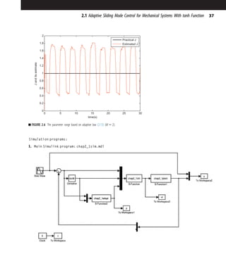 Simulation programs:
1. Main Simulink program: chap2_1sim.mdl
0 5 10 15 20 25 30
0
0.2
0.4
0.6
0.8
1
1.2
1.4
1.6
1.8
2
time(s)
J
and
its
estimate
Practical J
Estimated J
■ FIGURE 2.6 The parameter range based on adaptive law (2.13) (M 5 2).
37
2.1 Adaptive Sliding Mode Control for Mechanical Systems With tanh Function
 