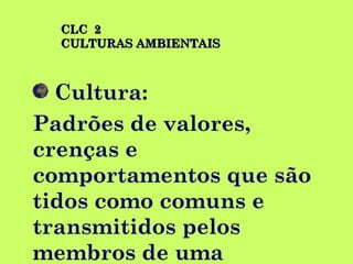 CLC 2CLC 2
CULTURAS AMBIENTAISCULTURAS AMBIENTAIS
Cultura:
Padrões de valores,
crenças e
comportamentos que são
tidos como comuns e
transmitidos pelos
membros de uma
 