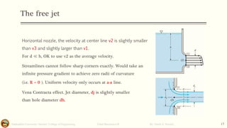 The free jet
Salahaddin University- Hawler/ College of Engineering. Fluid Mechanics-II By: Hardi A. Siwaily 17
Horizontal nozzle, the velocity at center line v2 is slightly smaller
than v3 and slightly larger than v1.
For d ≪ h, OK to use v2 as the average velocity.
Streamlines cannot follow sharp corners exactly. Would take an
infinite pressure gradient to achieve zero radii of curvature
(i.e. R = 0 ). Uniform velocity only occurs at a-a line.
Vena Contracta effect. Jet diameter, dj is slightly smaller
than hole diameter dh.
 
