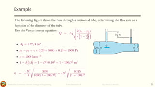 Example
Salahaddin University- Hawler/ College of Engineering. Fluid Mechanics-II By: Hardi A. Siwaily 23
The following figure shows the flow through a horizontal tube, determining the flow rate as a
function of the diameter of the tube.
Use the Venturi meter equation:
 