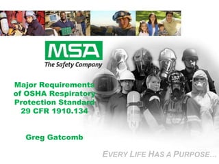 EVERY LIFE HAS A PURPOSE…
Major Requirements
of OSHA Respiratory
Protection Standard
29 CFR 1910.134
Greg Gatcomb
EVERY LIFE HAS A PURPOSE…
 