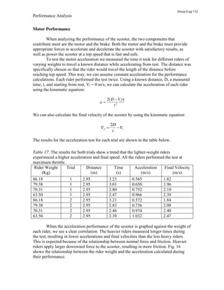 Performance Analysis
Motor Performance
When analyzing the performance of the scooter, the two components that
contribute most are the motor and the brake. Both the motor and the brake must provide
appropriate forces to accelerate and decelerate the scooter with satisfactory results, as
well as power the scooter at a top speed that is fast and safe.
To test the motor acceleration we measured the time it took for different riders of
varying weights to travel a known distance while accelerating from rest. The distance was
specifically chosen so that the rider would travel the length of the distance before
reaching top speed. This way, we can assume constant acceleration for the performance
calculations. Each rider performed the test twice. Using a known distance, D, a measured
time, t, and starting from rest, Vi = 0 m/s, we can calculate the acceleration of each rider
using the kinematic equation:
a
2(D Vit)
t2
We can also calculate the final velocity of the scooter by using the kinematic equation:
Vf
2D
t
Vi
The results for the acceleration test for each trial are shown in the table below.
Table 17: The results for both trials show a trend that the lighter-weight riders
experienced a higher acceleration and final speed. All the riders performed the test at
maximum throttle.
Rider Weight
(Kg)
Trial Distance
(m)
Time
(s)
Acceleration
(m/s)
Final Velocity
(m/s)
86.18 1 2.95 3.23 0.565 1.82
79.38 1 2.95 3.01 0.650 1.96
70.31 1 2.95 2.80 0.752 2.10
63.50 1 2.95 2.47 0.966 2.39
86.18 2 2.95 3.21 0.572 1.84
79.38 2 2.95 2.83 0.736 2.08
70.31 2 2.95 2.46 0.974 2.40
63.50 2 2.95 2.39 1.032 2.47
When the acceleration performance of the scooter is graphed against the weight of
each rider, we see a clear correlation. The heavier riders measured longer times during
the test, resulting in lower accelerations and final velocities than the less heavy riders.
This is expected because of the relationship between normal force and friction. Heavier
riders apply larger downward force to the scooter, resulting in more friction. Fig. 16
shows the relationship between the rider weight and the acceleration calculated during
their performance.
Group 6 pg 112
 
