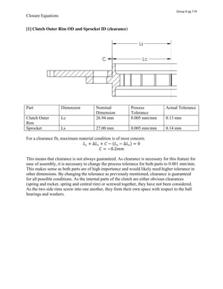Closure Equations
[1] Clutch Outer Rim OD and Sprocket ID (clearance)
Part Dimension Nominal
Dimension
Process
Tolerance
Actual Tolerance
Clutch Outer
Rim
Lc 26.94 mm 0.005 mm/mm 0.13 mm
Sprocket Ls 27.00 mm 0.005 mm/mm 0.14 mm
For a clearance fit, maximum material condition is of most concern.
𝐿 + ∆𝐿 + 𝐶 − (𝐿 − ∆𝐿 ) = 0
𝐶 = −0.2𝑚𝑚
This means that clearance is not always guaranteed. As clearance is necessary for this feature for
ease of assembly, it is necessary to change the process tolerance for both parts to 0.001 mm/mm.
This makes sense as both parts are of high importance and would likely need higher tolerance in
other dimensions. By changing the tolerance as previously mentioned, clearance is guaranteed
for all possible conditions. As the internal parts of the clutch are either obvious clearances
(spring and rocker, spring and central rim) or screwed together, they have not been considered.
As the two side rims screw into one another, they form their own space with respect to the ball
bearings and washers.
Group 6 pg 119
 