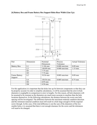 [6] Battery Box and Frame Battery Box Support Holes Rear Width (Line Up):
Part Dimension Nominal
Dimension
Process
Tolerance
Actual Tolerance
Battery Box L1 11.86 mm 0.008 mm/mm 0.09 mm
L3 144.00 mm 0.008 mm/mm 1.15 mm
D1 7.75 mm
D3 7.75 mm
Frame Battery
Support
L2 19.56 mm 0.005 mm/mm 0.09 mm
L4 150.56 mm 0.005 mm/mm 0.75 mm
D2 4.95 mm
D4 4.58 mm
For this application it is important that the holes line up for between components so that they can
be properly secured. In order to simplify calculations, it will be assumed that the error in hole
diameters is negligible in comparison to error in lengths. For this reason, all hole diameters will
be assumed to be constant as the diameters are much more accurate to machine than the hole
locations themselves. In the following calculations, the distance between the worst case hole
spacing will be investigated. The difference between the maximum material condition direction
and the minimum material condition must still result in a hole large enough to fit the required
screw through. In this case, if the total difference is not the sum of the diameters of the two
smaller holes, it is assumed that there is not enough clearance for the screw and the tolerances
will need to be changed.
Group 6 pg 125
 