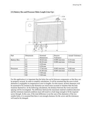 [11] Battery Box and Processor Holes Length (Line Up):
Part Dimension Nominal
Dimension
Process
Tolerance
Actual Tolerance
Battery Box L1 20.64 mm 0.008 mm/mm 0.16 mm
L3 68.26 mm 0.008 mm/mm 0.54 mm
D1 4.20 mm
D3 4.20 mm
Processor L2 17.66 mm 0.005 mm/mm 0.08 mm
L4 65.48 mm 0.005 mm/mm 0.32 mm
D2 5.88 mm
D4 5.88 mm
For this application it is important that the holes line up for between components so that they can
be properly secured. In order to simplify calculations, it will be assumed that the error in hole
diameters is negligible in comparison to error in lengths. For this reason, all hole diameters will
be assumed to be constant as the diameters are much more accurate to machine than the hole
locations themselves. In the following calculations, the distance between the worst case hole
spacing will be investigated. The difference between the maximum material condition direction
and the minimum material condition must still result in a hole large enough to fit the required
screw through. In this case, if the total difference is not the sum of the diameters of the two
smaller holes, it is assumed that there is not enough clearance for the screw and the tolerances
will need to be changed.
Group 6 pg 135
 